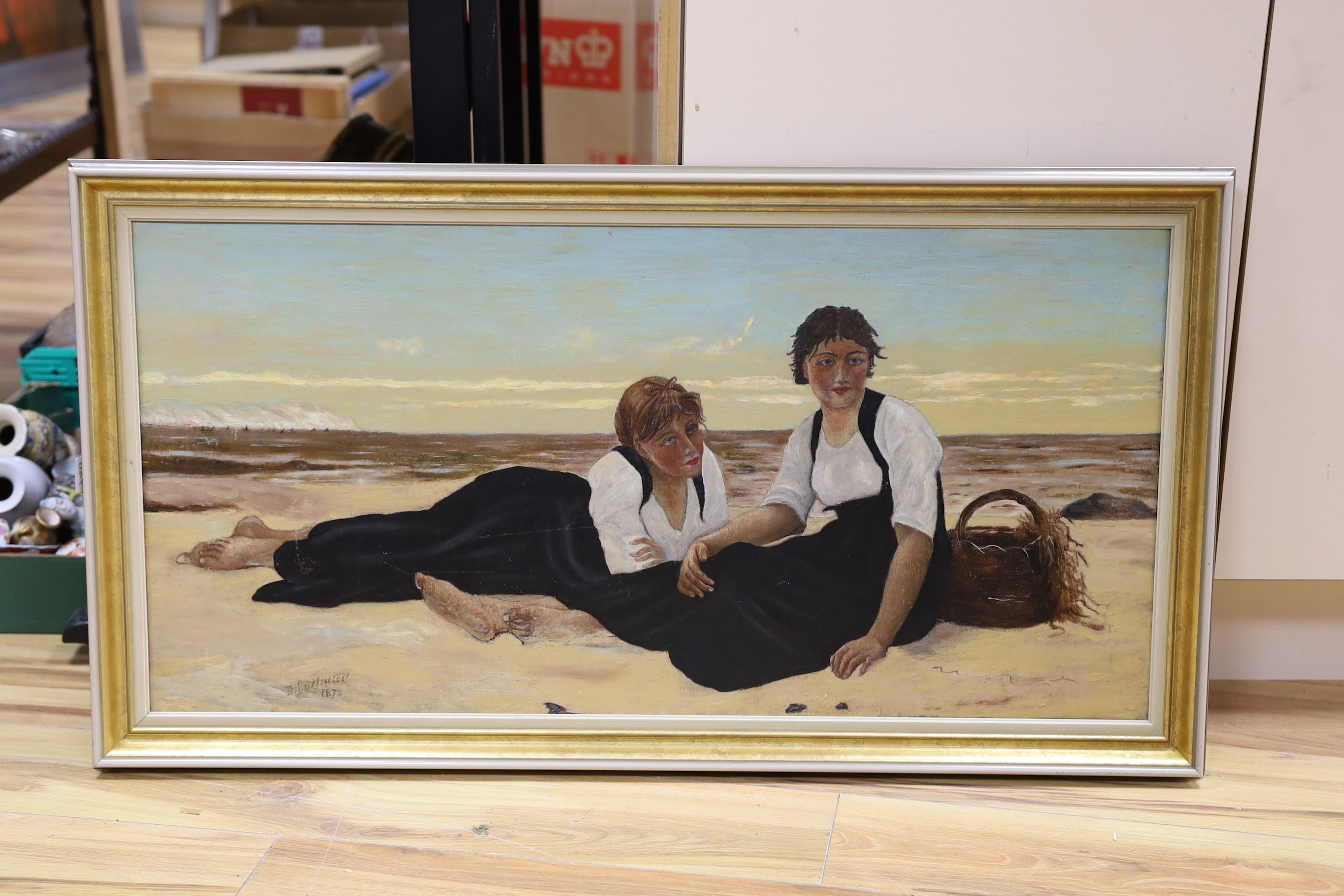 D. Borlaston (19th C.), oil on canvas, Women seated on the seashore, signed and dated 1878, 44 x 90cm